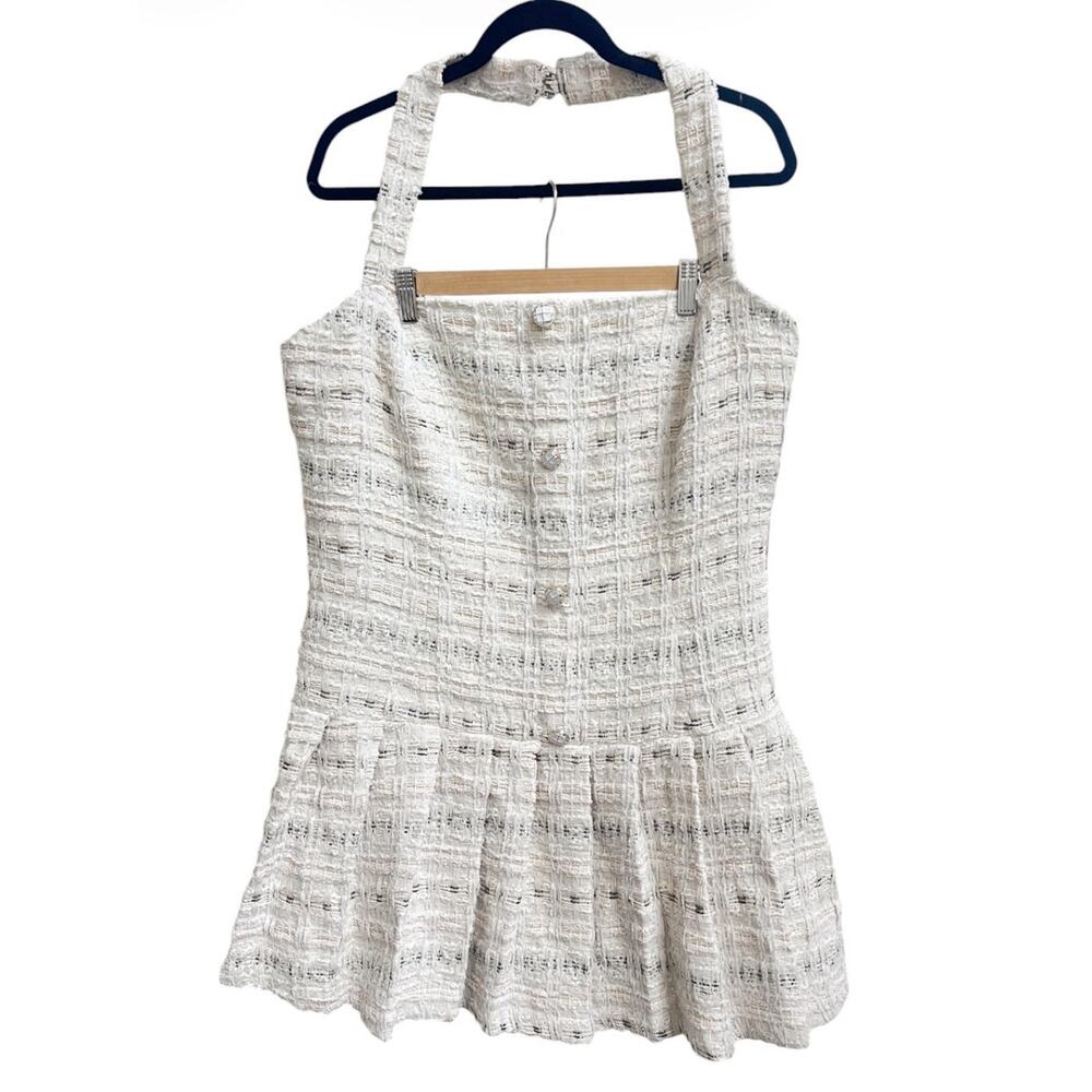 Aqua NWT Women’s Ivory Tweed Halter Mini Dress Sz XXL Buttons Pleated Skirt - Picture 3 of 8